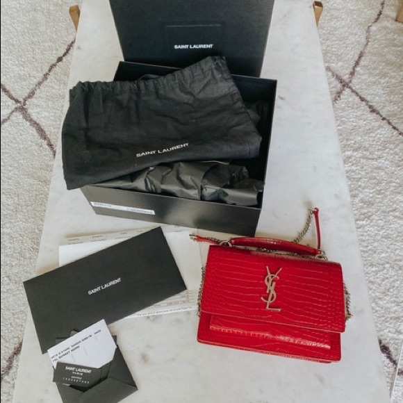 SOLD- Ysl Mini Sunset Croc Embossed Red Calfskin Leather - Picture 2 of 10